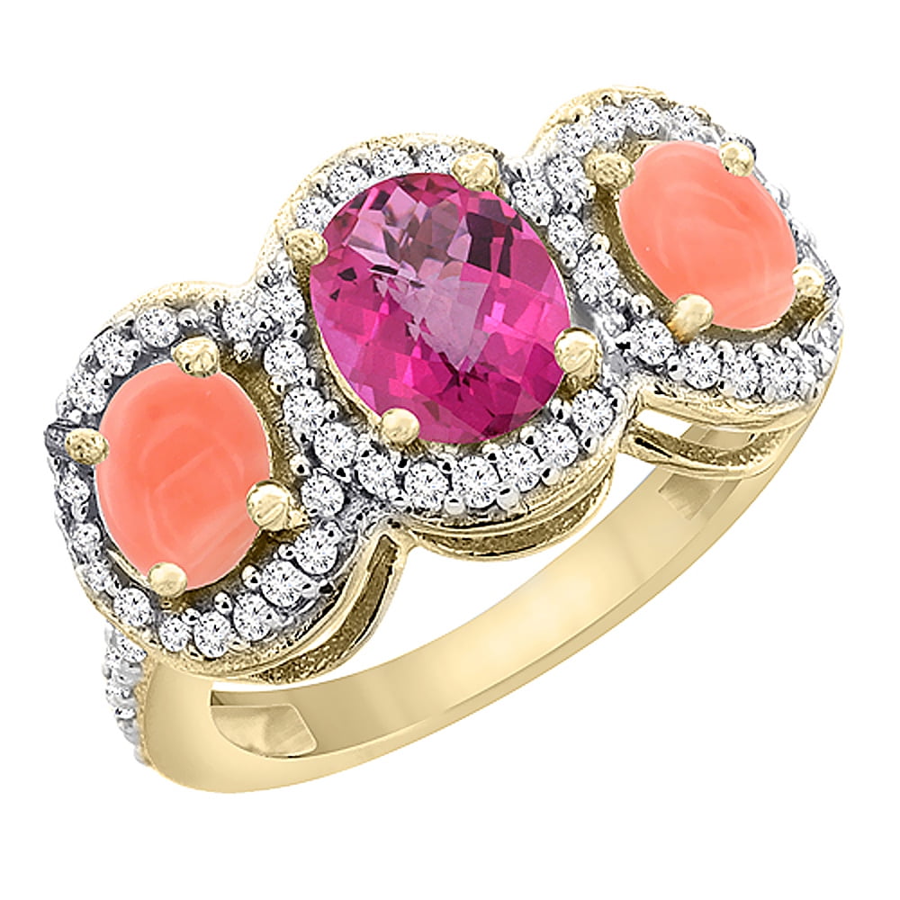 14K Yellow Gold Natural Pink Sapphire & Coral 3-Stone Ring Oval Diamond Accent, size 5 by Gabriella Gold