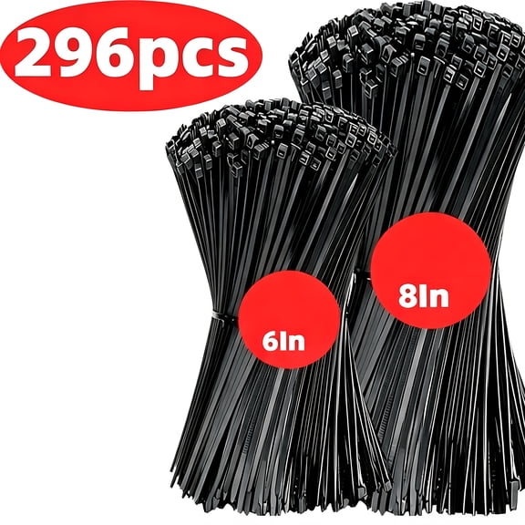 296Pcs Self‑Locking Nylon Zip Tie Assortment, 6 / 8 Inch Adjustable Cable Ties, Waterproof Heavy Duty Zip Ties for Indoor & Outdoor Home Office Garden Wire Management