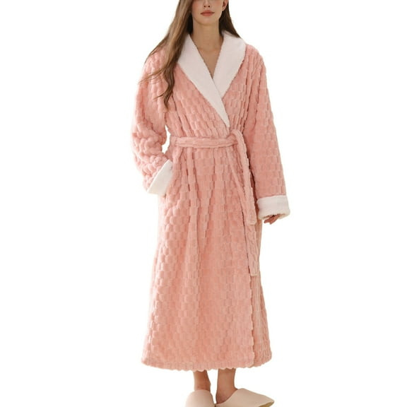 SWSMCLT Women's Belt Fleece Bathrobe Billowy Fuzzy Long Robe Chic Cold Weather Ankle Comfy Lapel Plush Medium Nightwear Pink Small