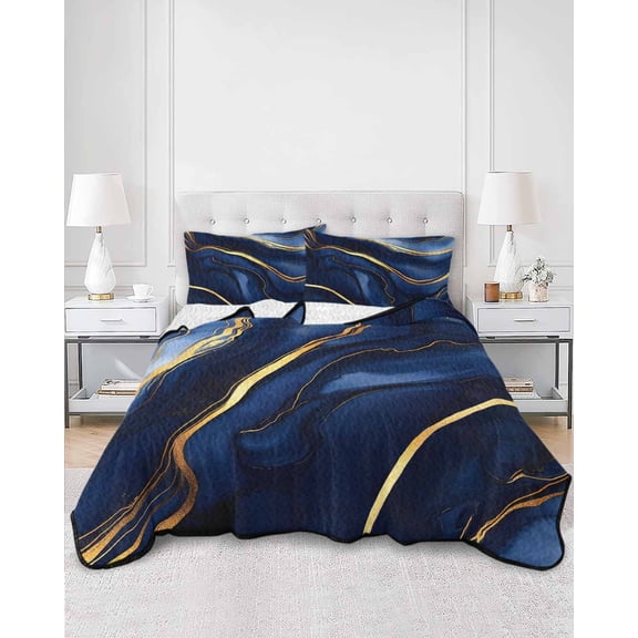 Quilts King Size, Marble Navy Blue Soft Comforter Bedding Set for Bed, Modern Golden Ombre Retro Fluid Art Lightweight Quilted Bedspread with Pillow Cover(2 Pieces) for All Season, 96x106 Inch