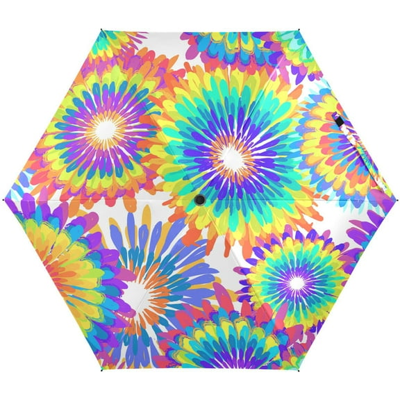 JSTEL Tie Dye Rainbow Circle Folding Umbrella for Rain Sun Travel Mini Lightweight Compact Umbrellas