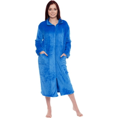 Silver Lilly Women's Long Fleece Zip Up Front Robe Housecoat