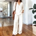 thumbnail image 2 of Lumtrix Women Linen Sets 2 Piece Summer Long Sleeve V Neck Shirts Matching Wide Leg Pants with Pockets Beach Outfits White XL, 2 of 5