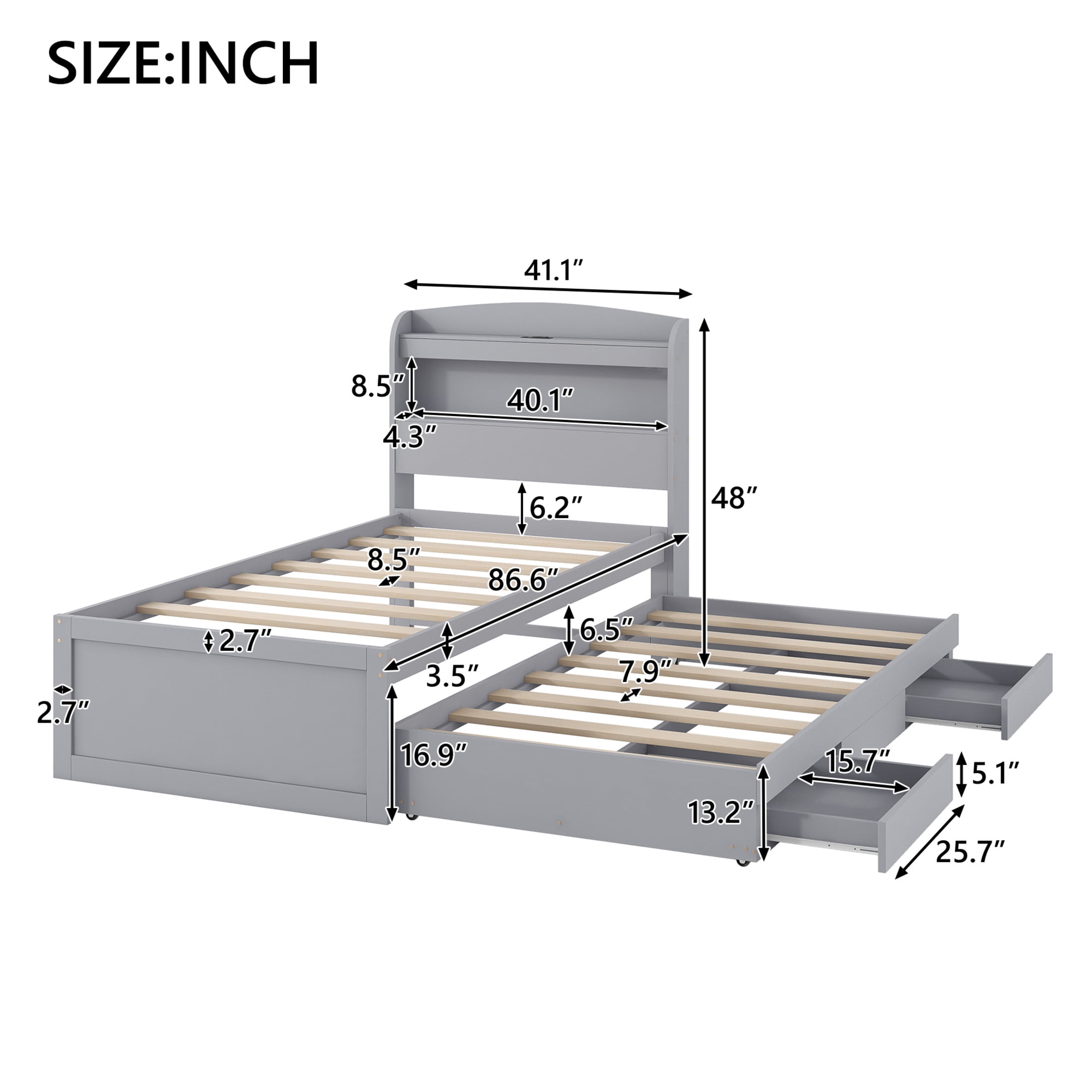 Noble House Arley Twin XL Platform Bed with LED Storage Headboard, Charging Station and Integrated Trundle, Gray