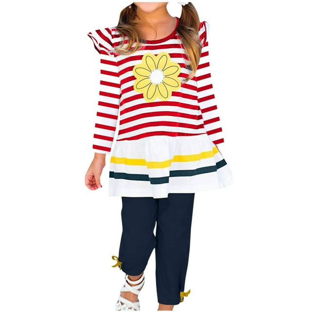 Besolor Ensembles Décontractés d'Automne pour Bébés Filles, Manches Longues à Volants, Col Rond, T-Shirts Rayés et Pantalons Longs