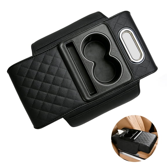 Car Armrest Cushion with Cup Holder, Memory Foam Center Console Organizer, Multifunctional Armrest Pad, PU Leather Car Armrest Cover, 13.78 in, Black
