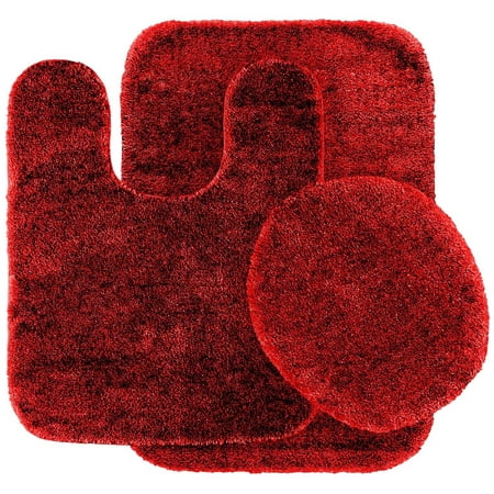 3pc 6 Red Banded Bathroom Set Bath Mat Countour Rug Lid Cover