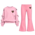 thumbnail image 2 of Spazoro Girls Outfit Sets with Bow Decor, Flared Leg Long Sleeve Heart Print Elastic Waist Crewneck Trendy Matching Sweatshirt and Pants 2PC Outfits Pink Size 11-12, 2 of 9