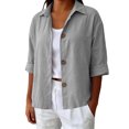 thumbnail image 2 of Sheghy Womens Tops Oversized Urban Solid Cotton Linen Lapel Button Curved Hem 3/4 Sleeve Outer Shirt Gray XXXL, 2 of 7