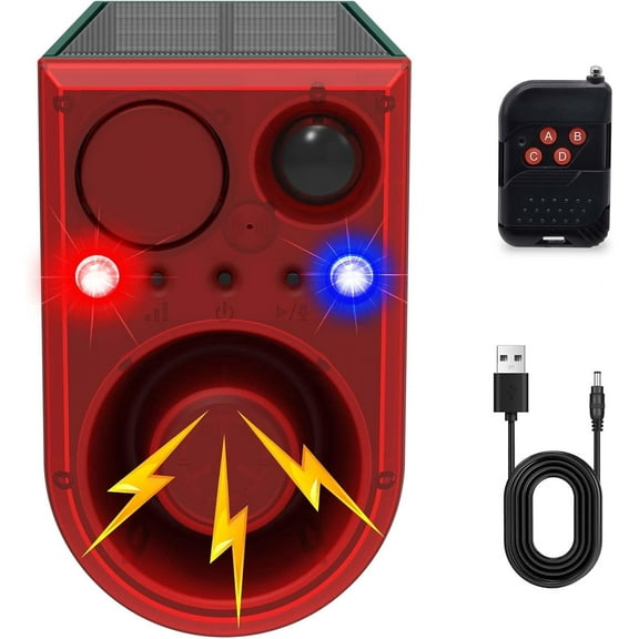 Solar Outdoor Motion Sensor Alarm, with 13Sounds Outdoor, LED Red Blue Flashing Warning Security Strobe Light and 130db Loud Siren,Support Recording&±Volume and for Home,Farm, Yard, Orchard, Barn