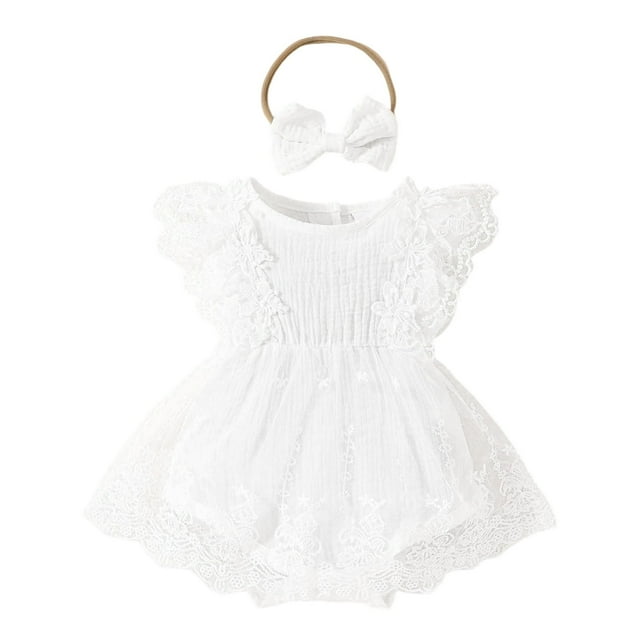 MIASHUI Barboteuse Robe Sans Manches Brodée de Fleurs pour Bébé Filles avec Bandeau, Blanc, 0-3 Mois