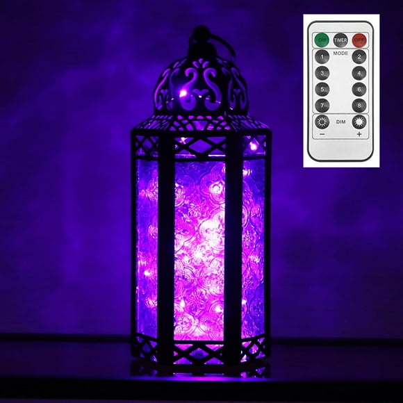Vela Lanterns Hanging Metal Moroccan Decorative LED Fairy Lights Candle Lantern Holder for Patio, Home Decor and Weddings, Indoor Outdoor - Purple, Me
