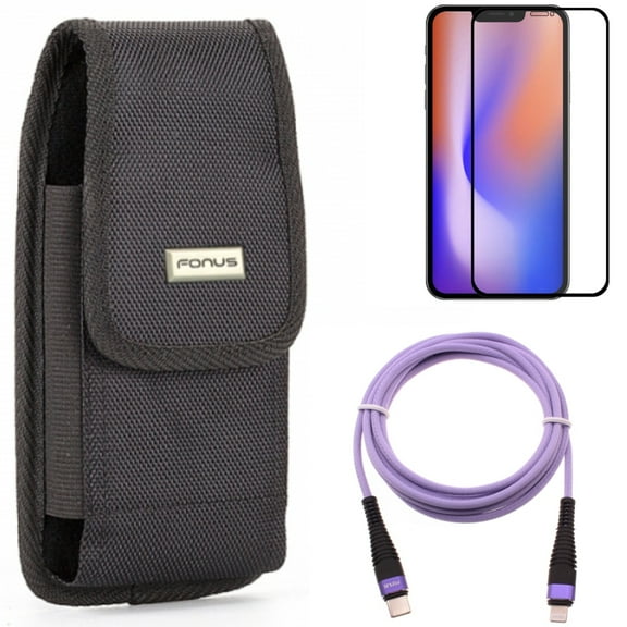 Case Belt Clip & Screen Protector & Purple 6ft PD Cable for iPhone 13,Pro ONLY - Swivel Holster Rugged + Anti-Glare Tempered Glass Matte + USB-C Long Cord Fast Charger Combo