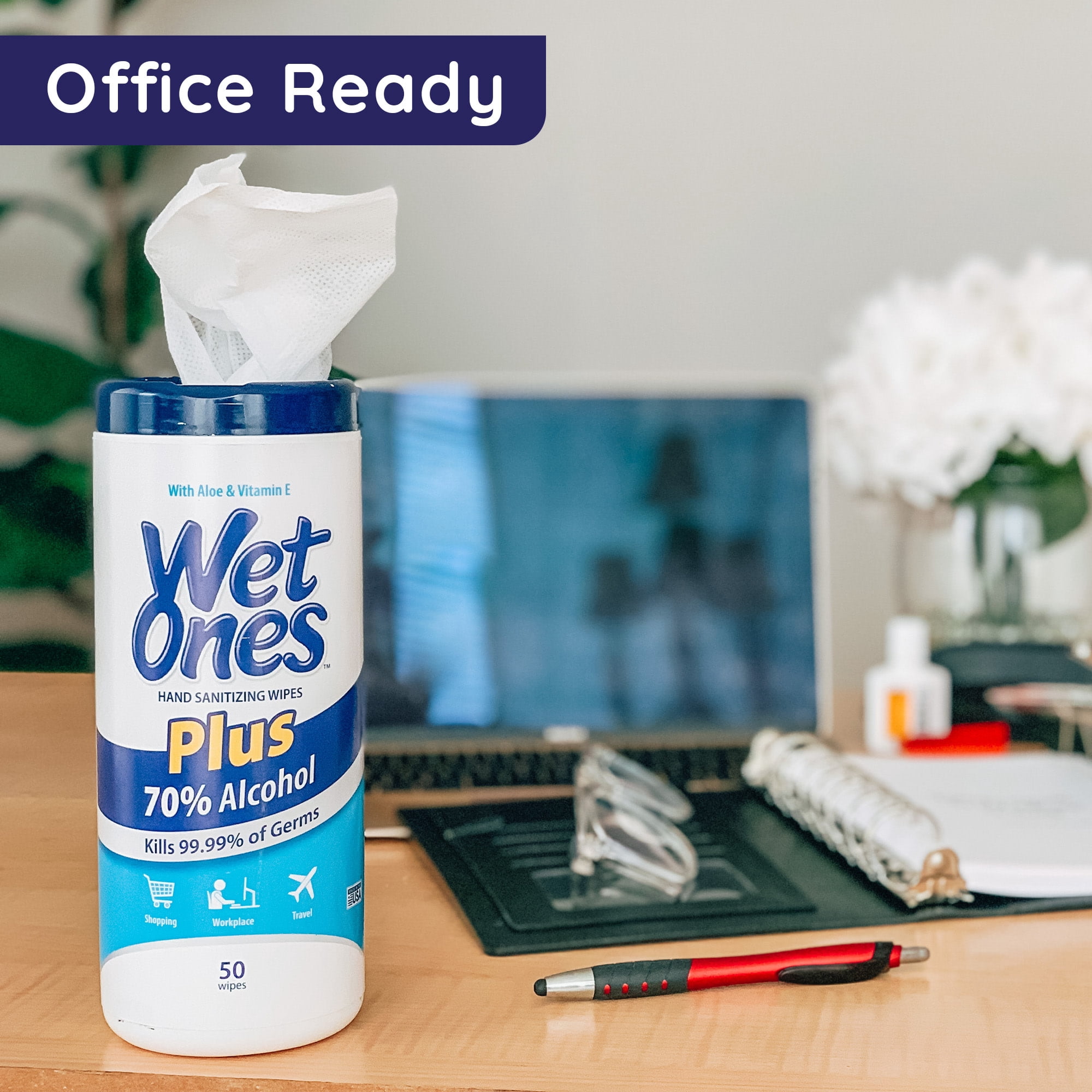 Wet Ones Plus Alcohol Hand Sanitizing Wipes Canister, 50 Wipes Ct, Unscented, 0.8 lbs