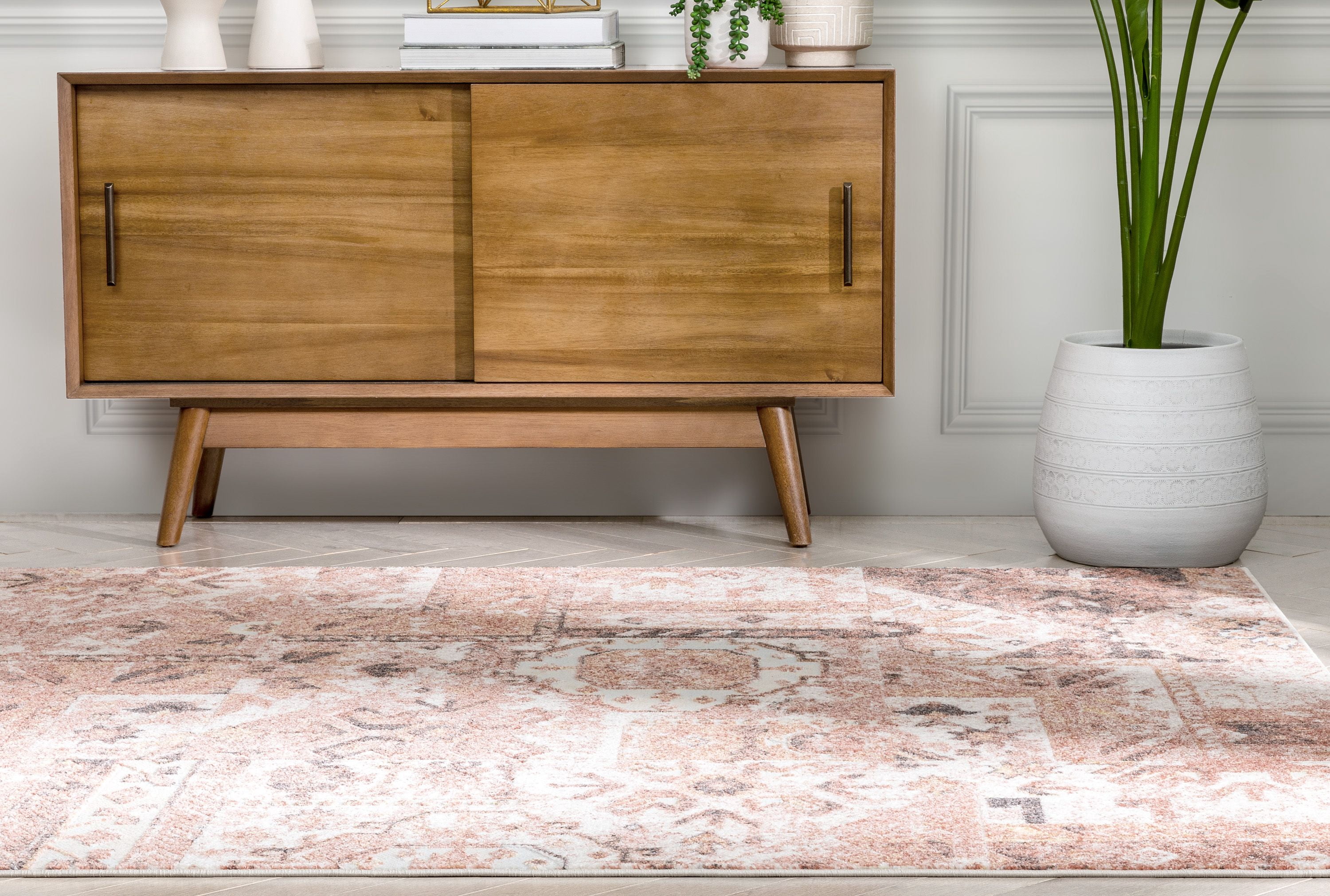 Well Woven Farah Adilah Vintage Geometric Rose Pink Distressed Hi-Lo 5'3" x 7'3" Area Rug