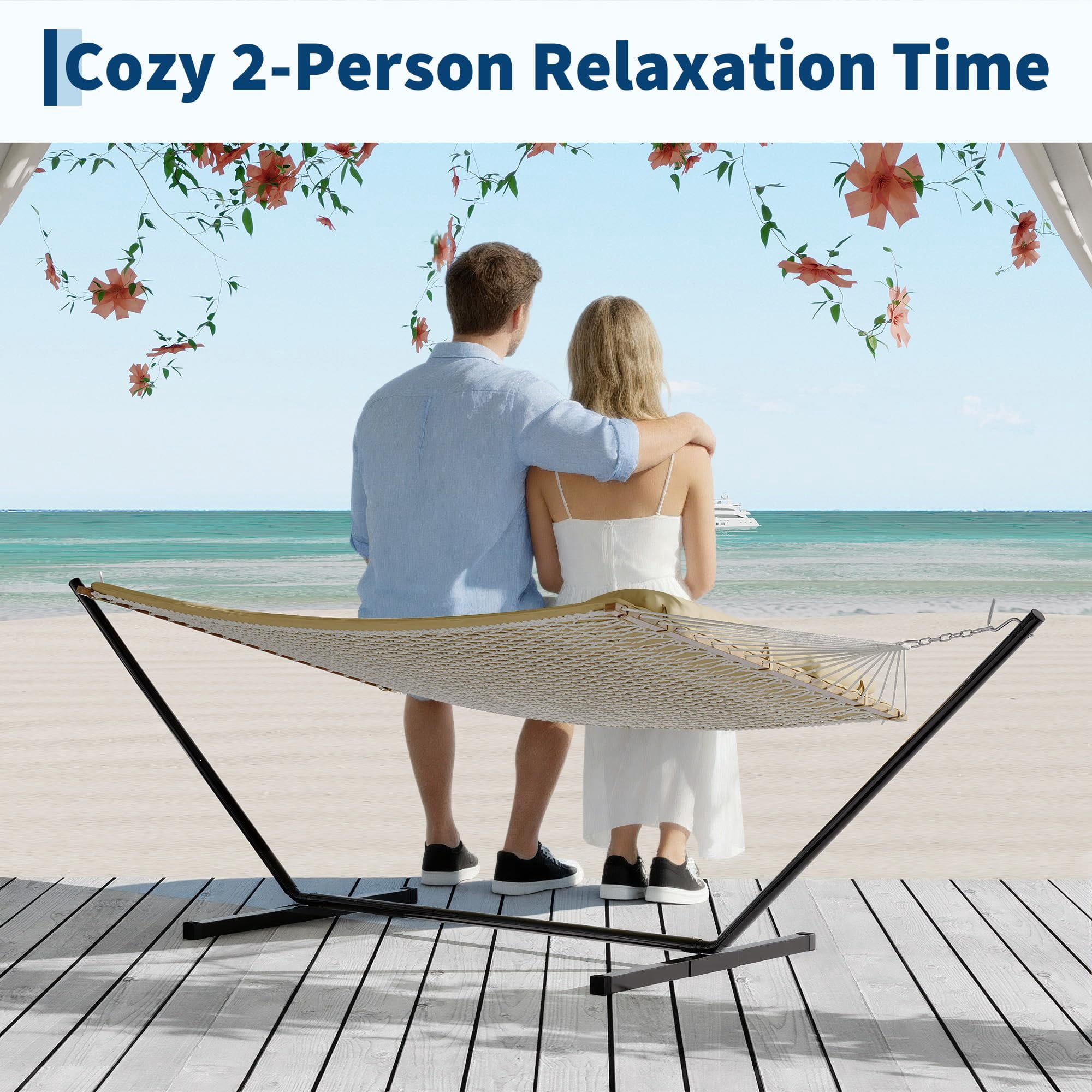 Ataucjin 2 Person 12FT Hammocks for Outside, Double Quilted Fabric Outdoor Hammock with Spreader Bar, Large Removable Pillow, Storage Pockets, Carabiners, Max 450 Lbs Capacity