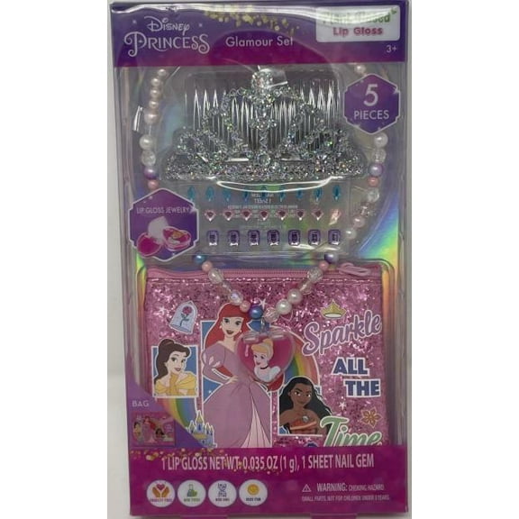 Disney Princess Glamour Set 5 Pc Ages 3  Necklace Tiara Lip Gloss Nail Gem Bag