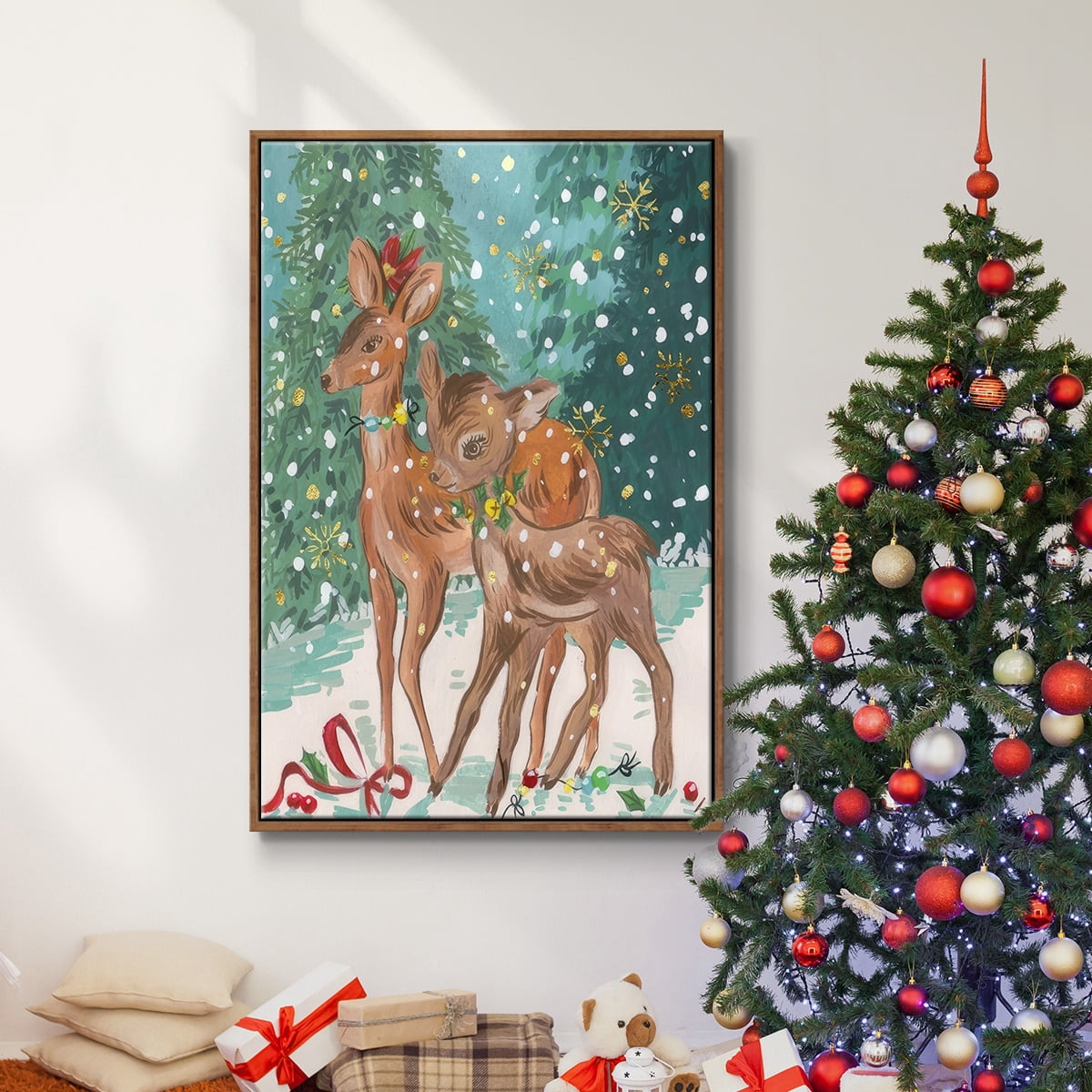 Doe and Fawn I - Framed Gallery Wrapped Holiday Canvas - 17 x 25 - Rosewood Frame