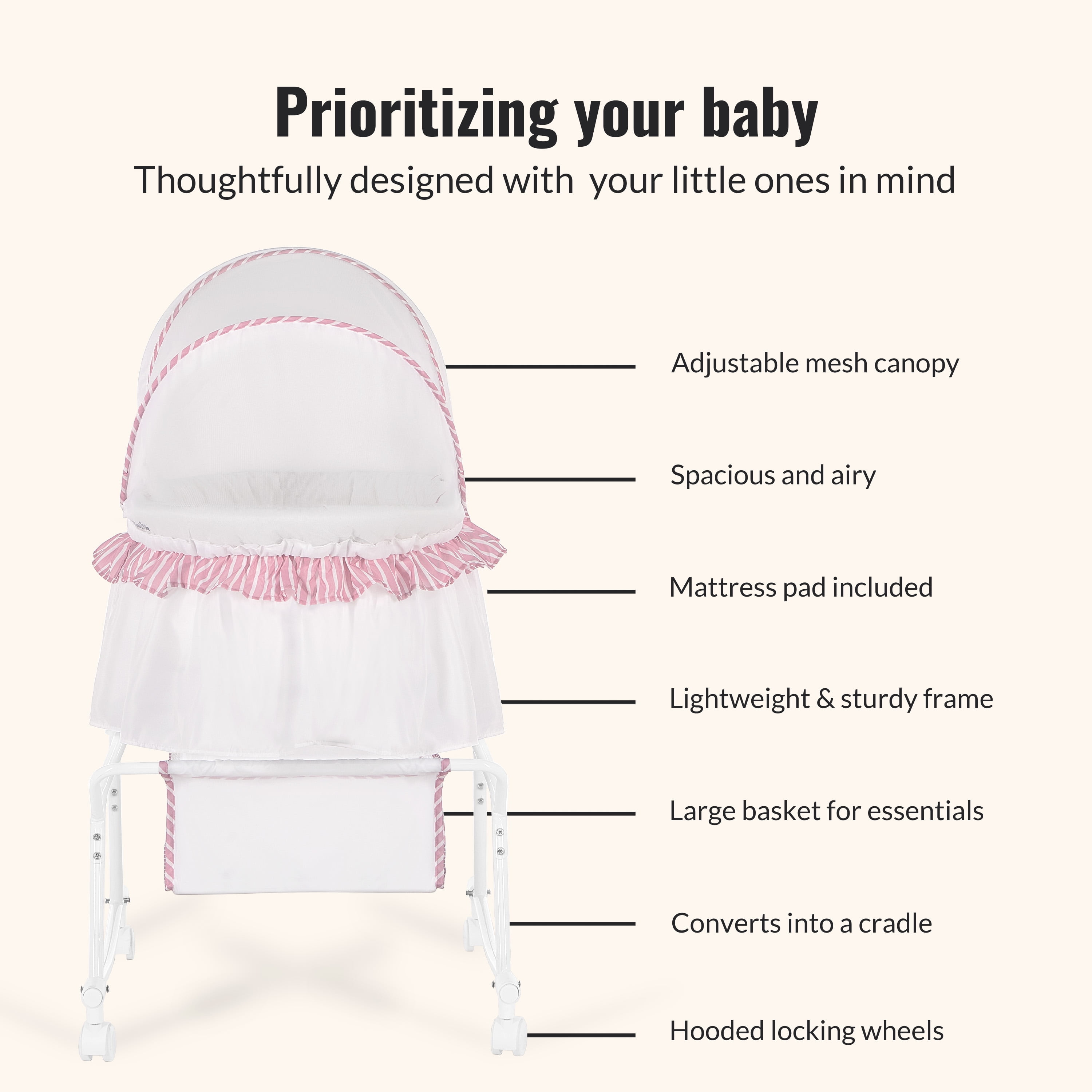 Dream On Me Lacy Portable 2-in-1 Bassinet & Cradle in Pink and White, Lightweight Baby Bassinet
