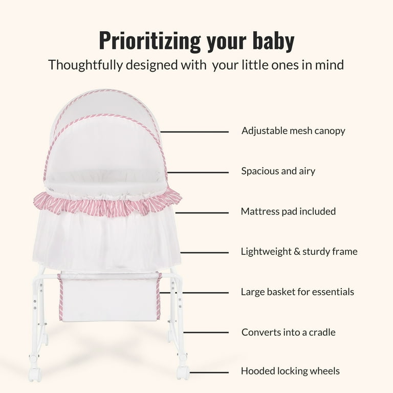 Dream On Me Lacy Portable 2-in-1 Bassinet Cradle in Pink and