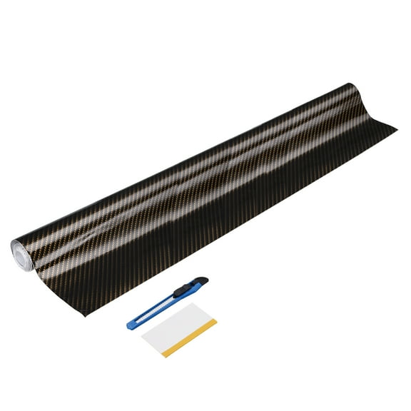 1 Set Carbon Fiber Vinyl Wrap 19.69" x 3ft Self-Adhesive Car Sticker Waterproof Wrap Roll for DIY Decor Automotive Exterior Interior Protection with Scraper Tool, Black Golden