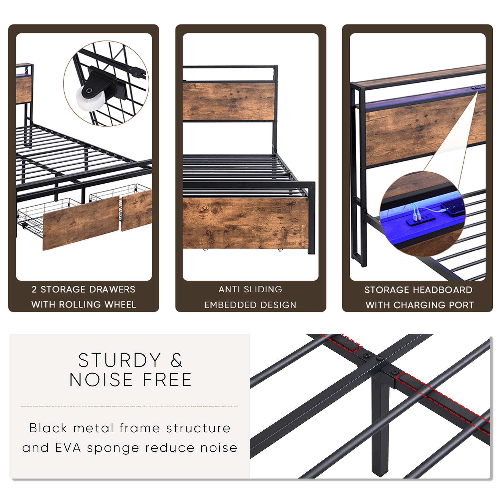 Aukfa Queen Bed Frame with Storage Drawers and Headboard Shelf, LED Lights, 3 USB Ports, Brown
