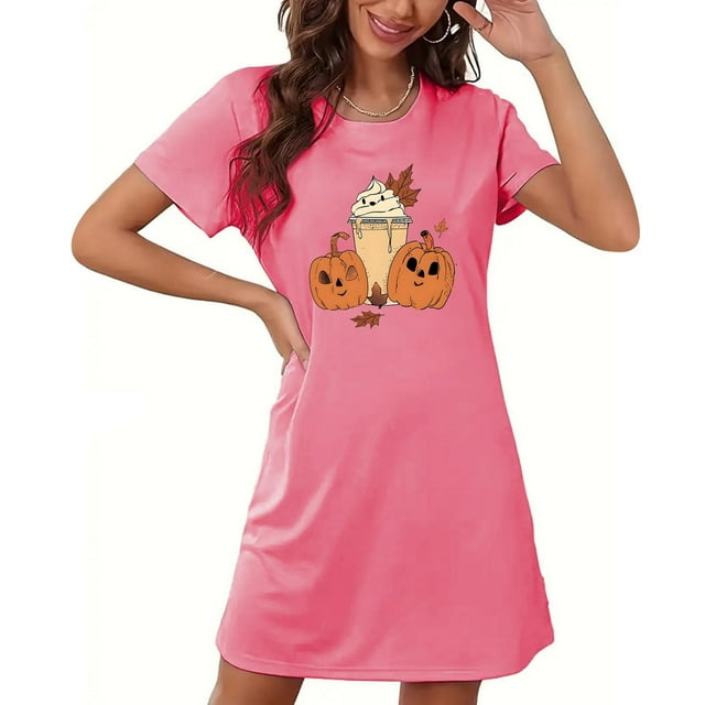 Sakmal Chemises de Nuit Confortables pour Femmes Grande Taille Courtes Roses d'Halloween Chemise de Nuit Imprimé Citrouille Manches Courtes Chemises de Nuit pour Femmes