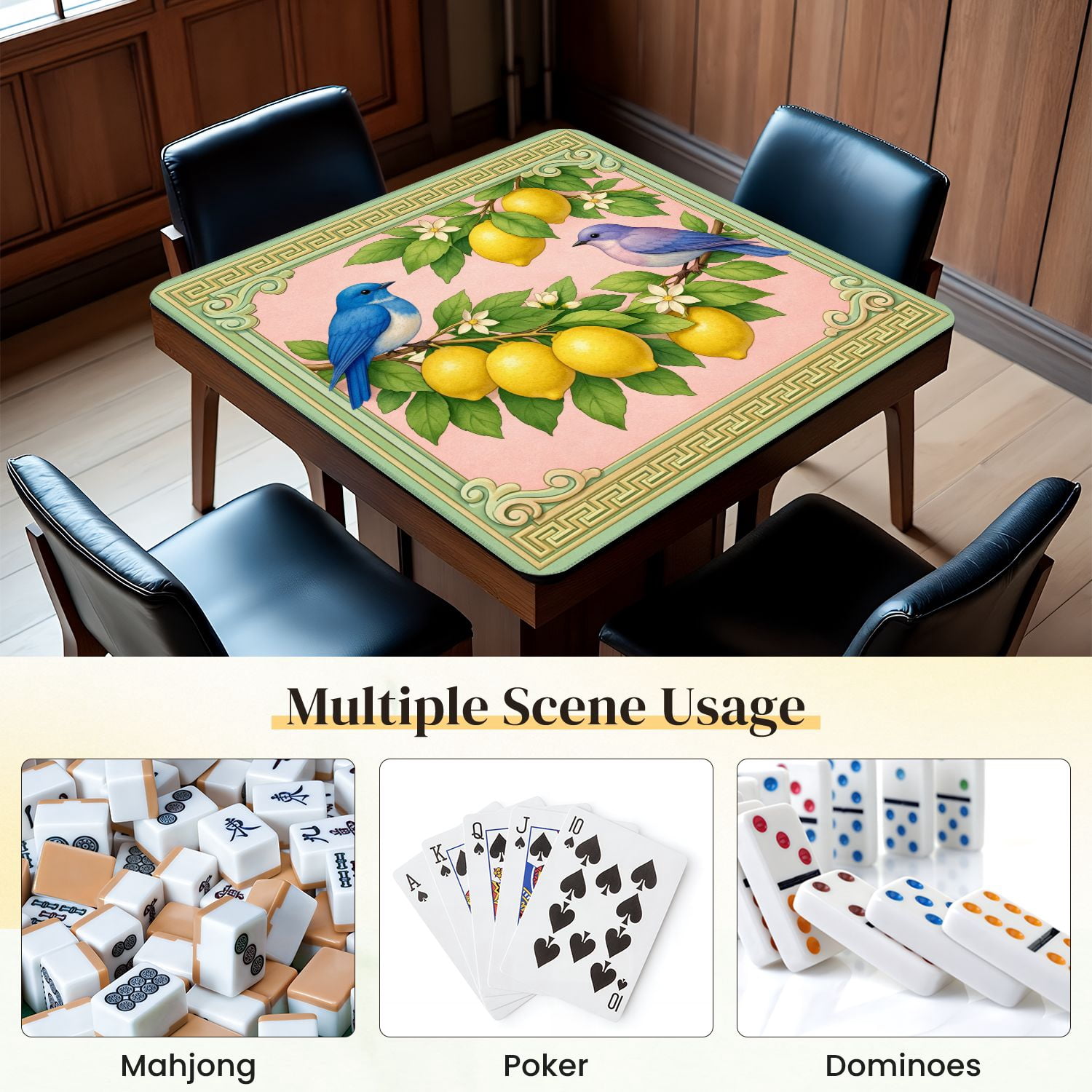 Mahjong Mat 31.5" x 31.5" Blue Purple Birds Lemon Tree Branches Blossoms Pastel Colors Non-Slip Noise Reduction Mahjong Tiles Table Cover for Dominoes Poker Card Board and Tile Games