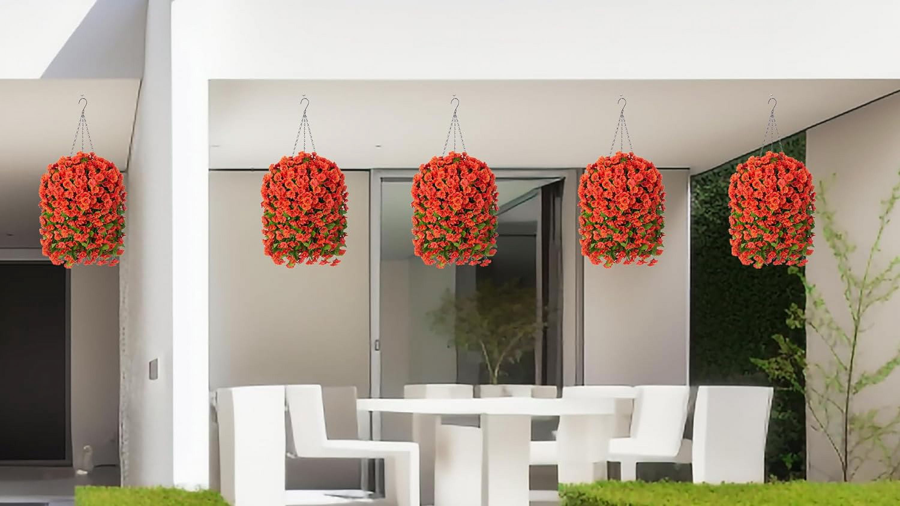 Artificial Faux Hanging Flowers Basket for Spring Outdoor Porch Decoration, Fake Silk Colorful Morning Glory Eucalyptus in Planter UV Resistant Look Real for Home Balcony Yard(Red Purple)