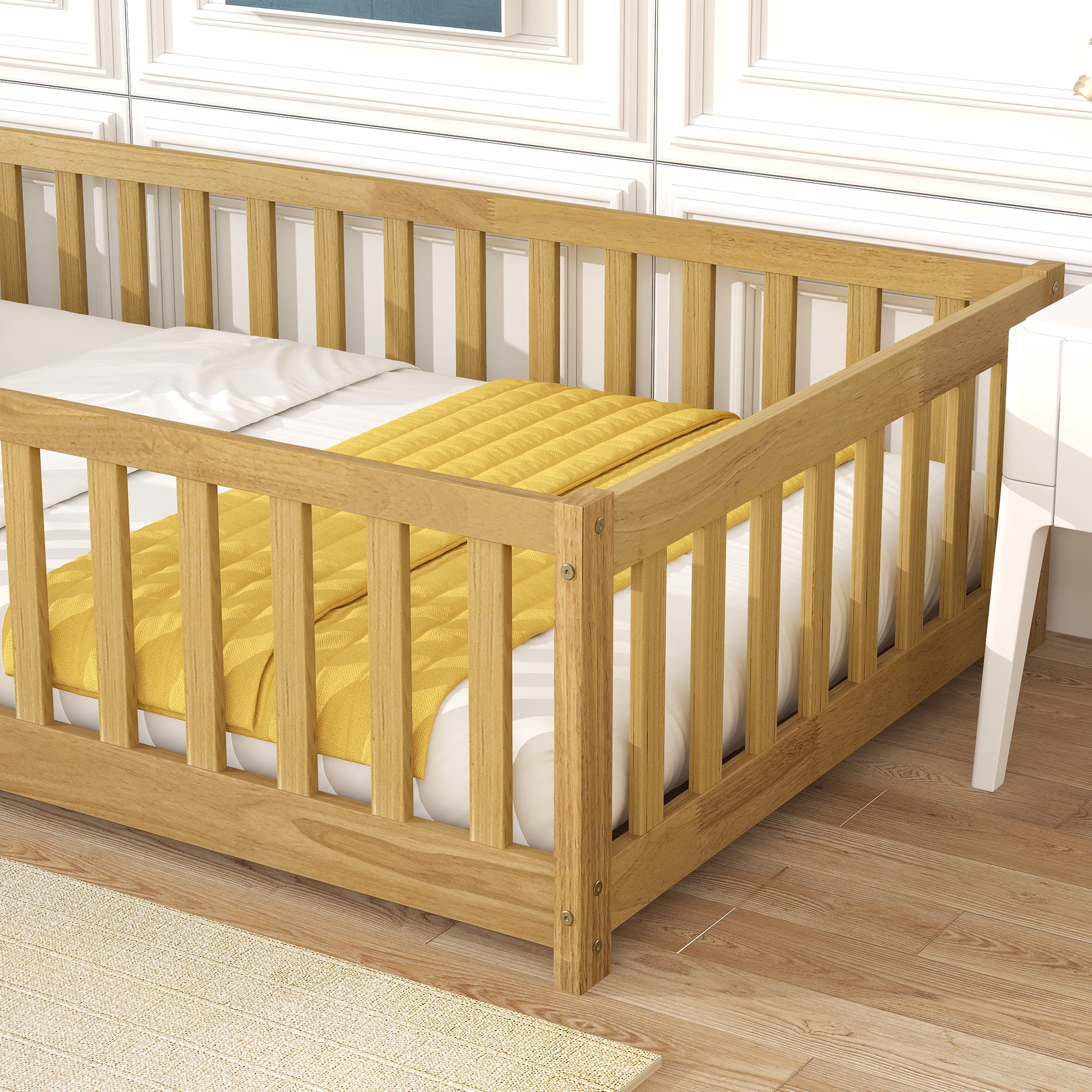 Twin Size Rubber Wood Floor Bed with Fence & Door, Montessori Floor Bed with Safety Guardrails, Natural Finish, No Box Spring Needed