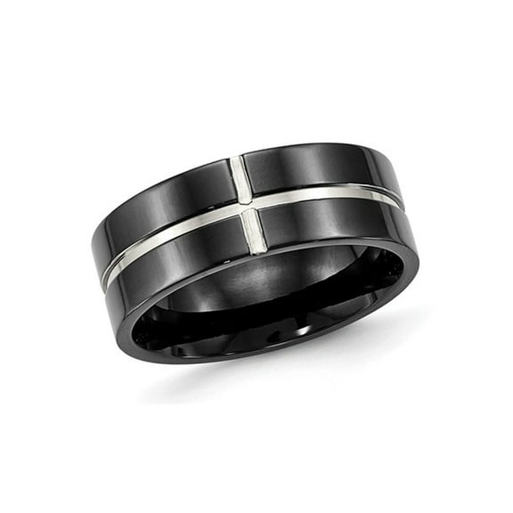 Gem & Harmony Mens Titanium Polished Black Plated Grooved Band Ring (8mm) for Men
