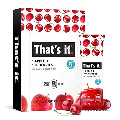 Eso es todo. Manzana + Cereza Barra de fruta real 100% natural, mejor vegano alto en fibra, refrigerio saludable sin gluten, paleo para niños y adultos, sin OGM, sin azúcar añadido, sin conservantes,