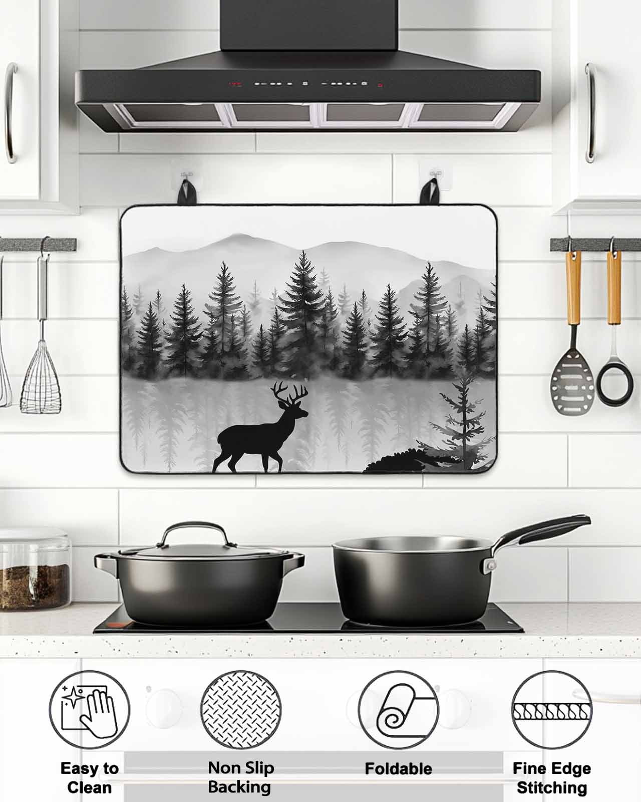 Stove Top Covers for Electric Stove, Deer Forest Glass Stovetop Cover Protector, Retro Country Trees Mountain Nature Scenery Induction Cooktop Protector Oven Mat for Kitchen Countertop 24"x21"