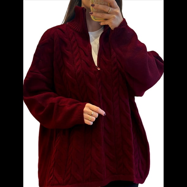 Suéteres de Otoño para Mujer, Jersey de Larga con Cremallera de un Cuarto, Jersey Informal Holgado con Cuello en V y Punto Vino Tinto L