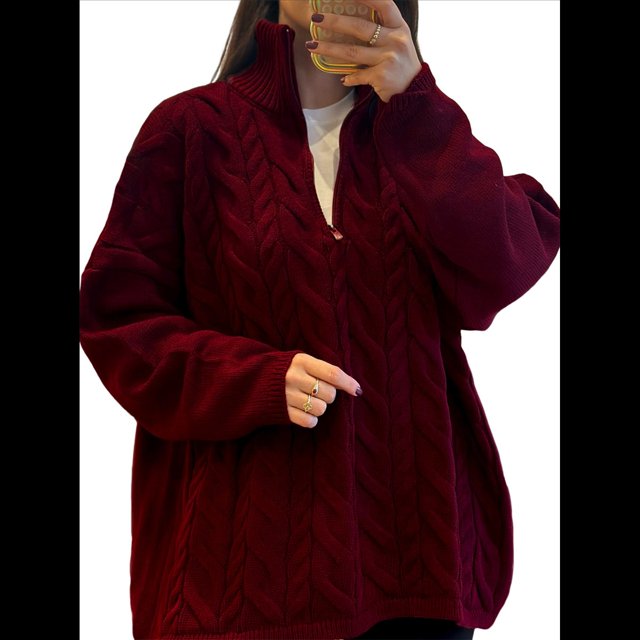 Suéteres de Otoño para Mujer, Jersey de Larga con Cremallera de un Cuarto, Jersey Informal Holgado con Cuello en V y Punto Vino Tinto M