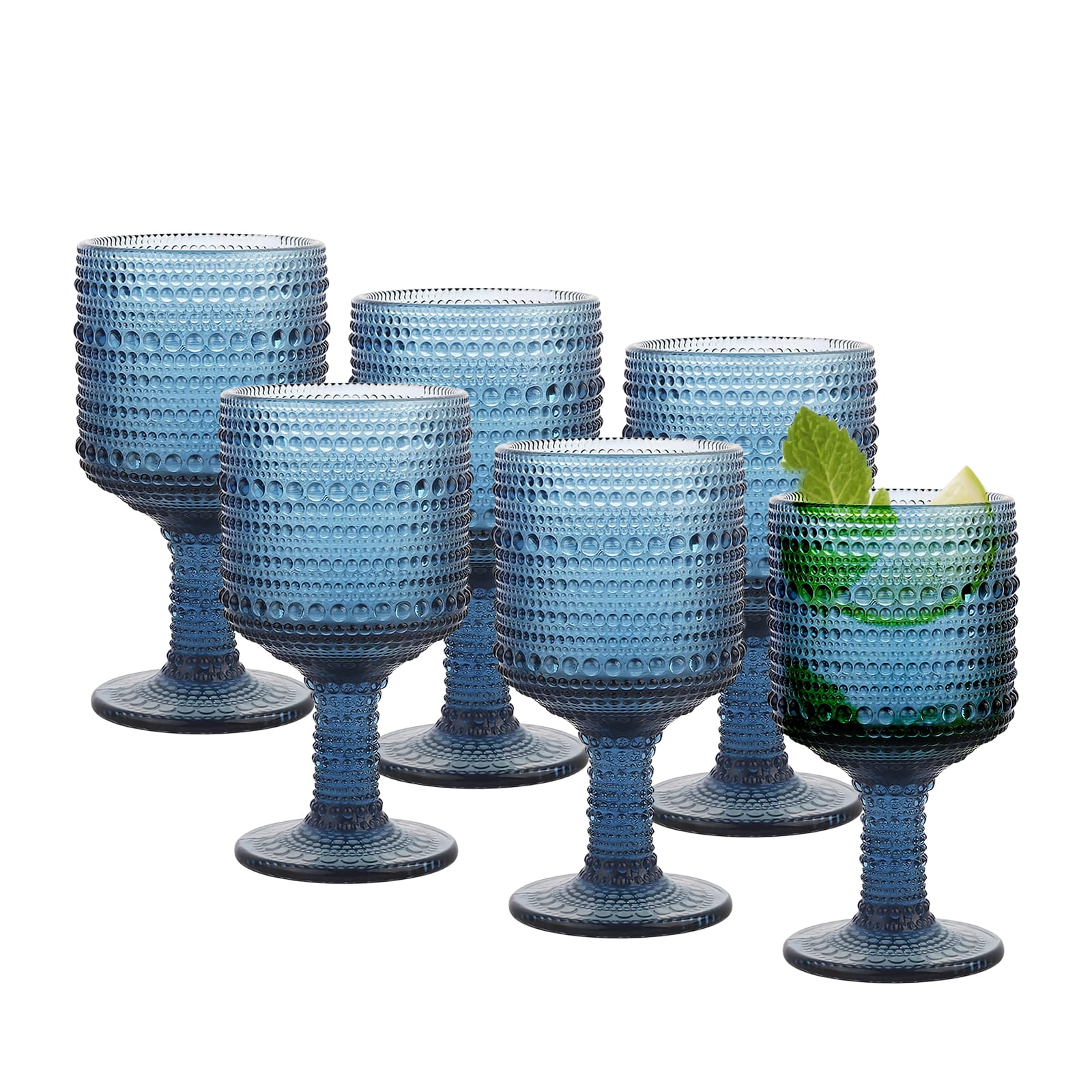 10 Oz Glass Wine Glasses, Set of 6 Stemmed Small Wine Glasses, 300ml Vintage Dot Relief Cups, Blue