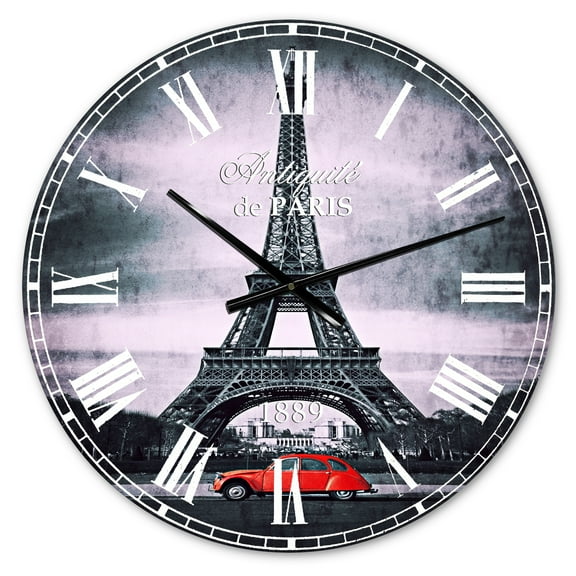 Designart 'Eiffel and Old Red Car' French Country wall clock