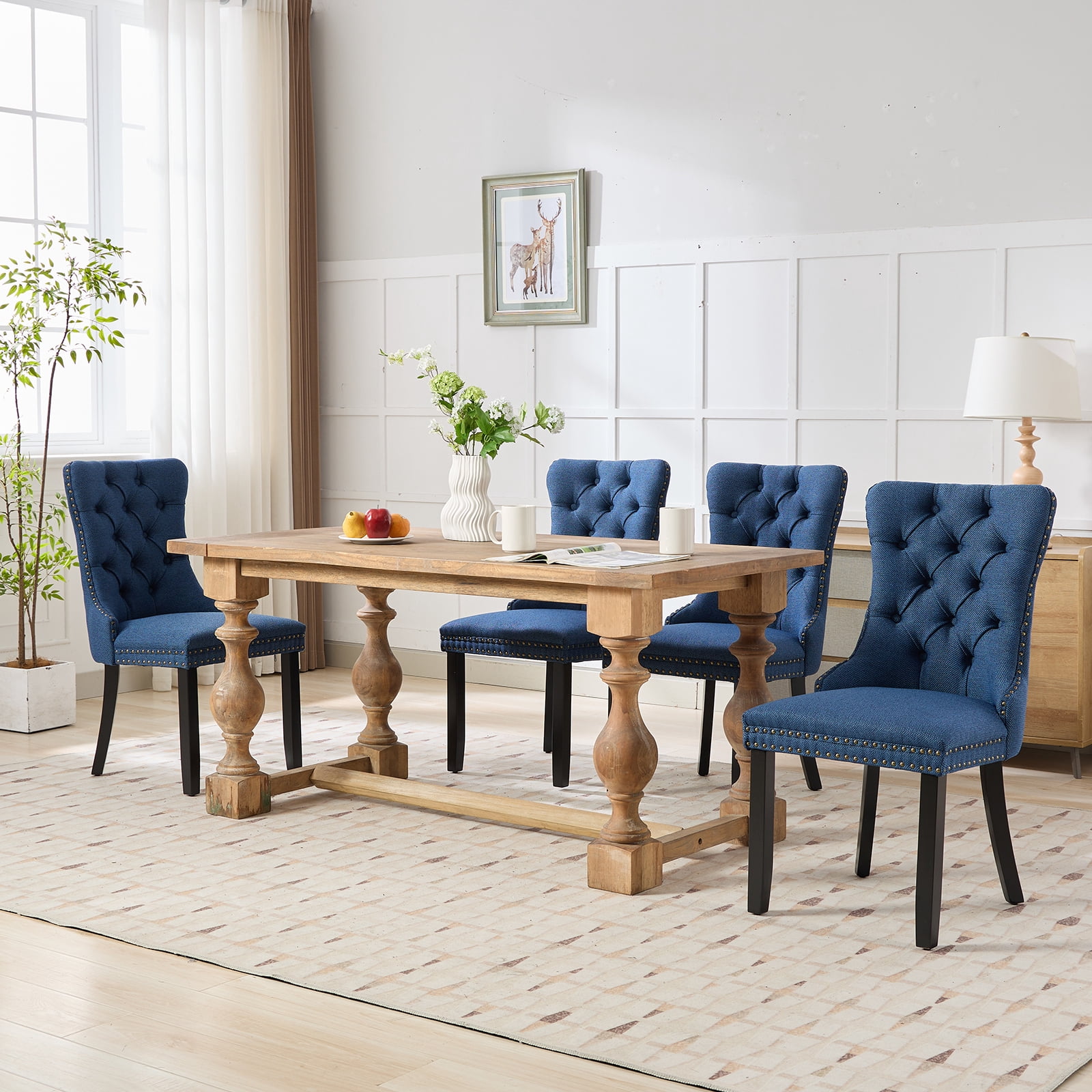 Linen Upholstered Dining Chairs Set of 6, Navy Mid Century Modern Dining Chairs, Kitchen & Dining Room Chairs with Wood Legs, Sillas de Comedor (Blue, 6 Pcs)
