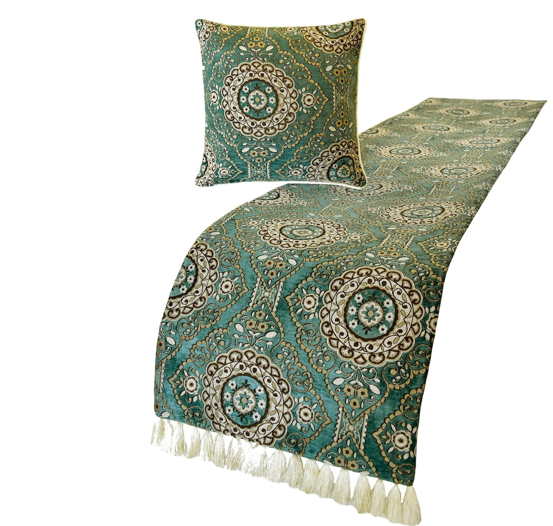 The HomeCentric King / Queen / Twin Teal Decorative Queen 74"x18" Bed Runner With 2 Pillow Cover, Art Deco, Floral, Tassels & Velvet Bed Scarf on Velvet fabric - Ahmet