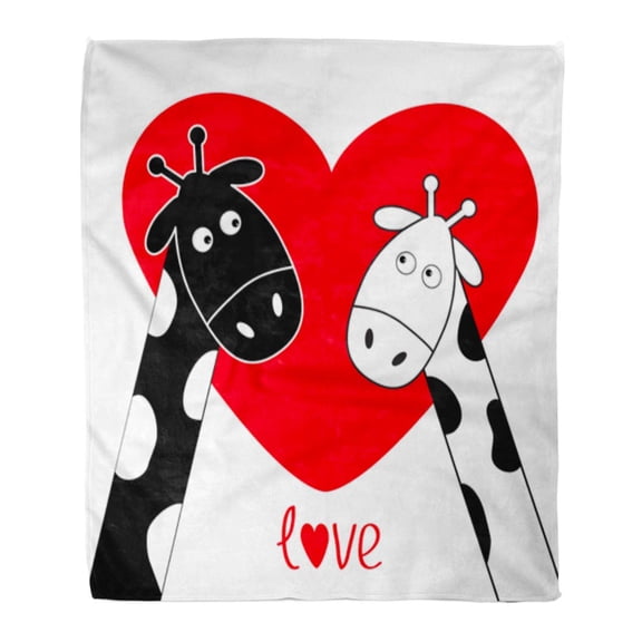 SIDONKU Throw Blanket 50x60 Inches Cute Cartoon Black White Giraffe Boy and Girl Big Red Heart Camelopard Couple Warm Flannel Soft Blanket for Couch Sofa Bed