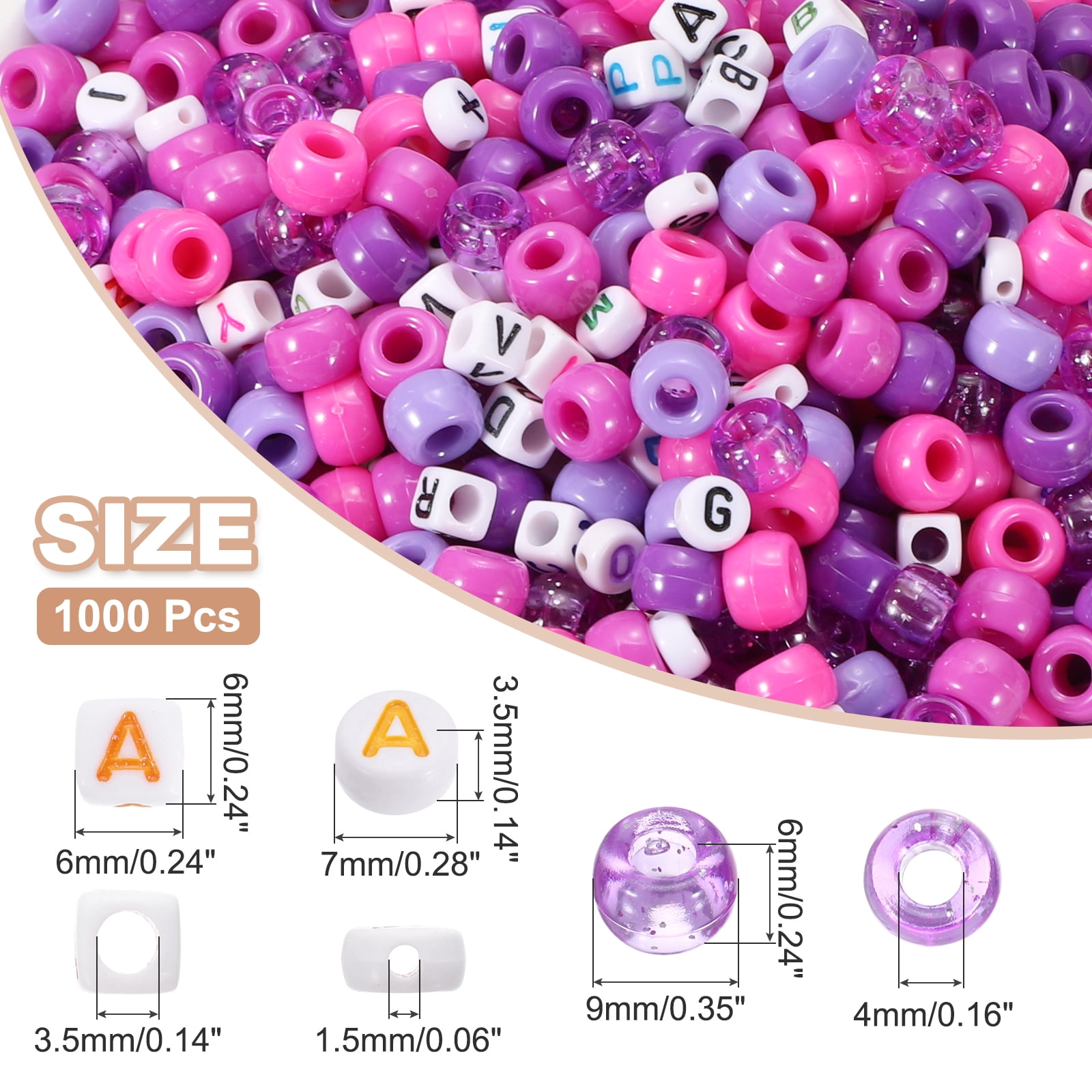 Uxcell 1000 Pcs Pony Beads 6 x 9 mm Acrylic Friendship Bracelet Making Kit with Letter Bead, Purple