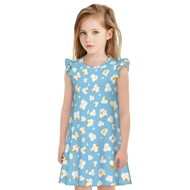 Fotbe Blue Popcorn Vestido de Dormir para Niñas de 3 a 10 Años, Mangas Cortas, Estilo Princesa, Pijama Camisón con Mangas Voladas-Large