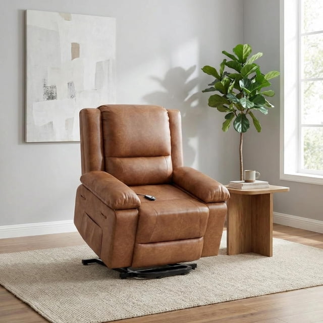 IdealHouse Electric Power Lift Recliner Chair, PU Leather Power Lift Recliner with Heat & Massage, Remote Control, 2 Side Pockets, Fatigue Relief, Heavy Duty Lift Chair, Rustic