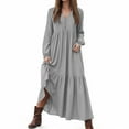 thumbnail image 2 of vigerkar Women's Linen Maxi Dress Long Sleeve Casual V-Neck Tiered Ruffle Dress Boho Beach Pleated Long Dress Grey, 4XL, 2 of 9