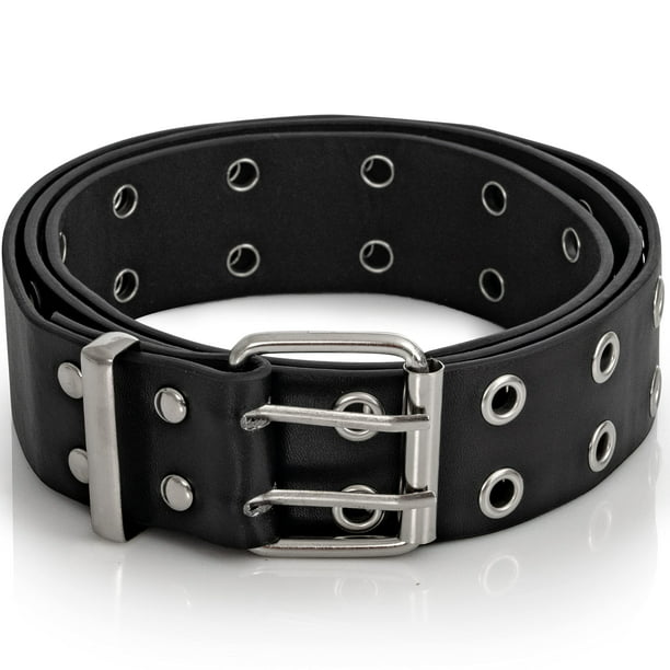 Skeleteen Double Grommet Punk Belt - Black Faux Leather 2 Prong and ...