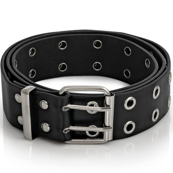 Skeleteen Double Grommet Punk Belt - Black Faux Leather 2 Prong and Holes Aesthetic Grunge Belts for Men Women and Kids - Size Small (large)