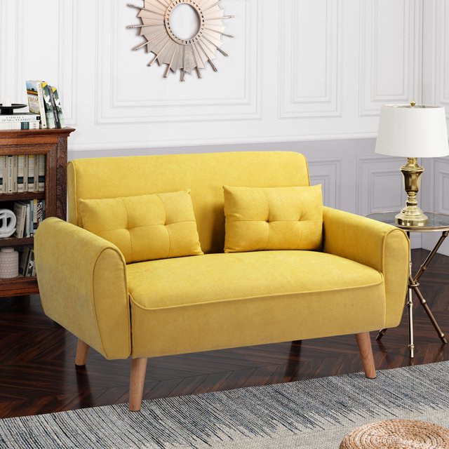Sobaniilo 47" Small Modern Loveseat Sofa, Mid Century Linen Fabric 2-Seat Sofa Couch Tufted Love Seat with Back Cushions and Tapered Wood Legs for Living Room, Bedroom and Small Space (Yellow)