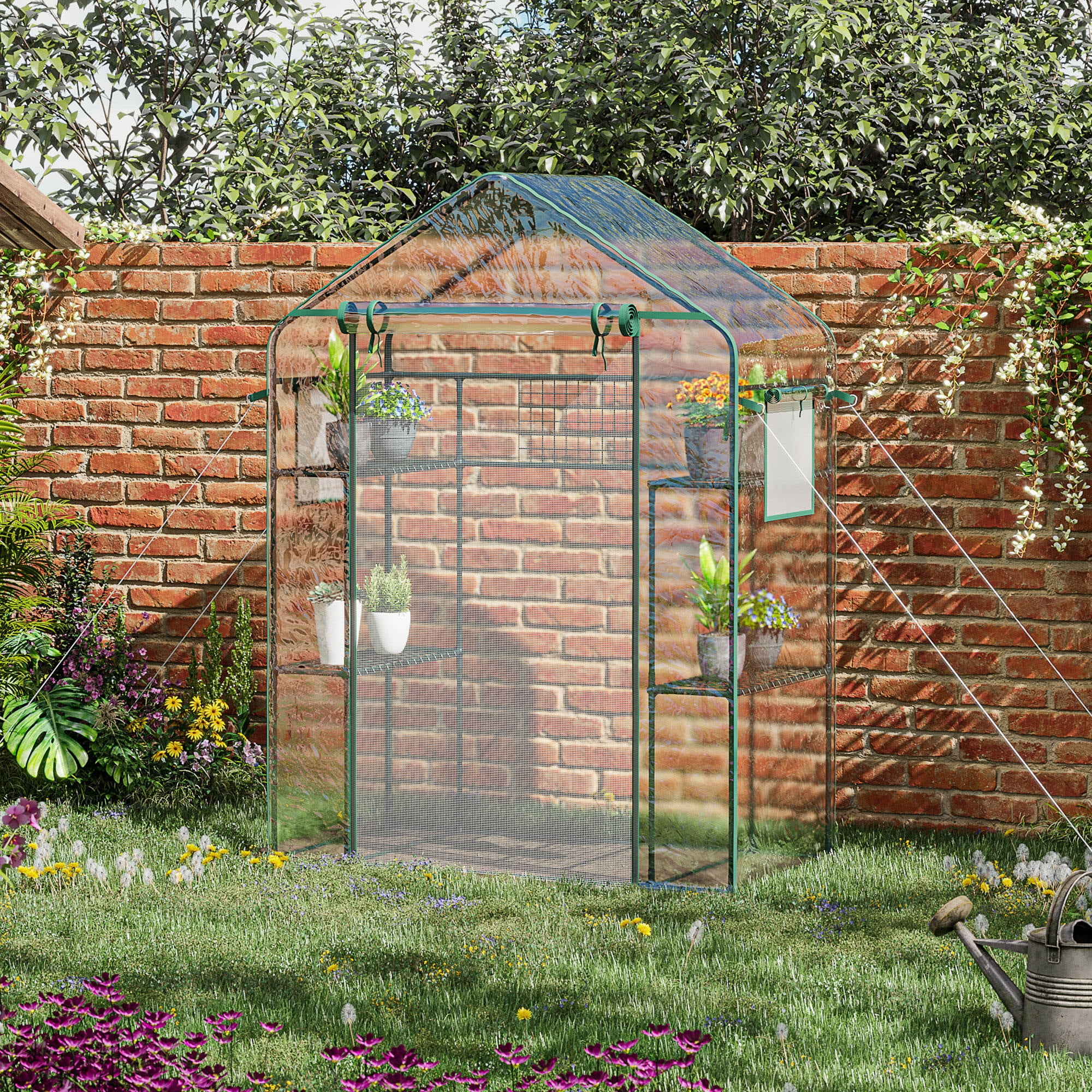 Outdoor Storage Shed Outsunny Outdoor Walk-in Mini Greenhouse with Mesh Door & Windows, Small Portable Garden Green House with 3 Tiers 6 Shelves, Trellis, & Plant Labels,Small Storage Shed