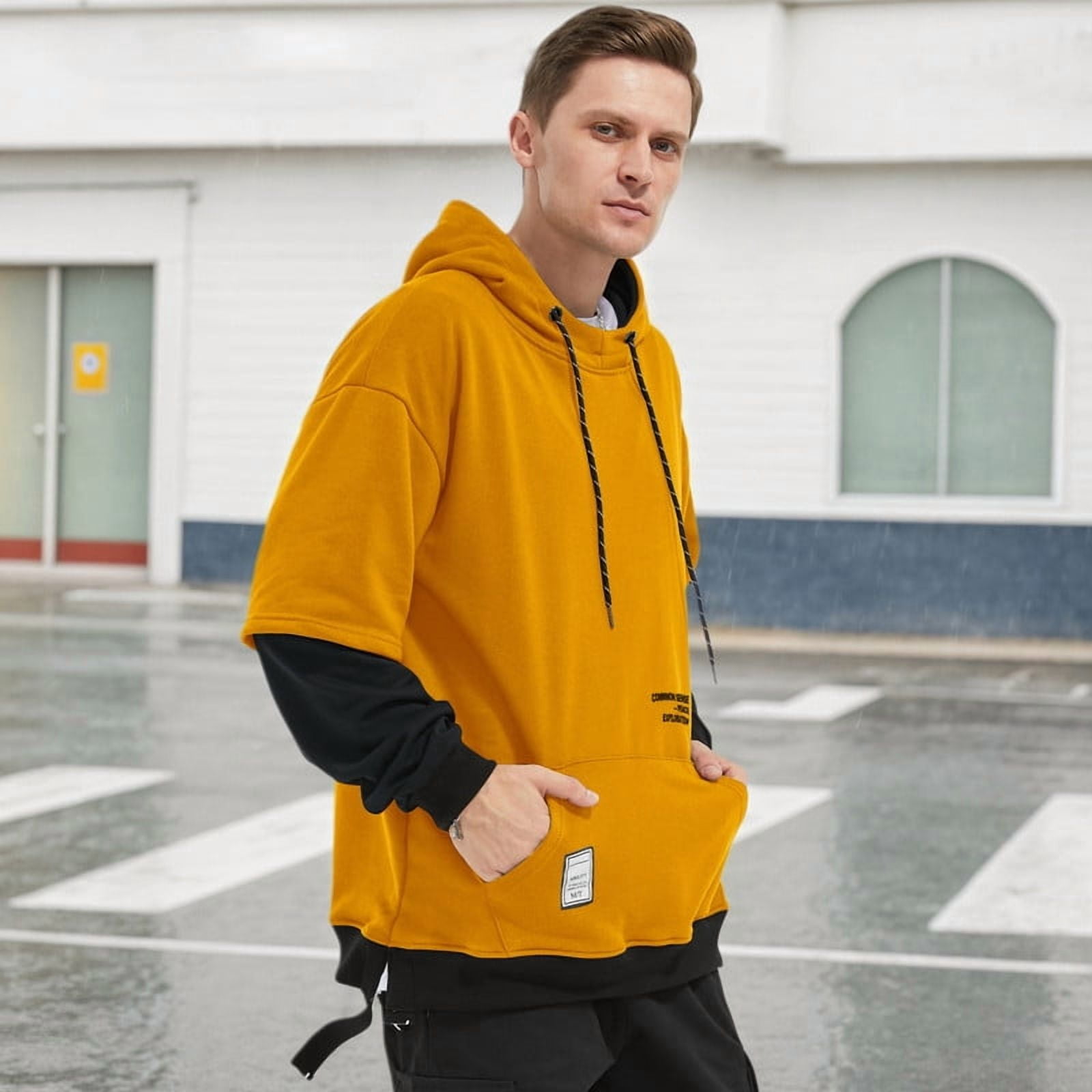 HISITOSA Mens Colorblock Hoodie Casual Patchwork Soft Cotton Pullover Tops Unisex japanese Hooded Sweatshirt with Design