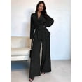 thumbnail image 5 of Women'S Casual Lounge Two Piece Outfits Long Sleeve V Neck Wrap Tie Waist Shirt Wide Leg Pants Sets Black L, 5 of 9